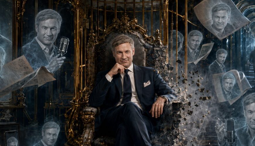 Ein elegant gekleideter Medienmann sitzt auf einem goldenen Thron in einem düsteren Verlagsschloss, umgeben von Spiegeln, Kameras, Mikrofonen, Smartphones und geisterhaften Doppelgängern seiner selbst. Goldene Gitter, Rauch und schwebende Zeitungsseiten lassen ihn zugleich mächtig und gefangen wirken.