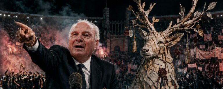 Satirische Fantasy-Szene in einem vernebelten Fußballstadion nach einem Pokalfinale, in Uli Hoeneß empört auf die Fans zeigt, während der DFB als unschuldiges Verwaltungswesen im Hintergrund erscheint.
