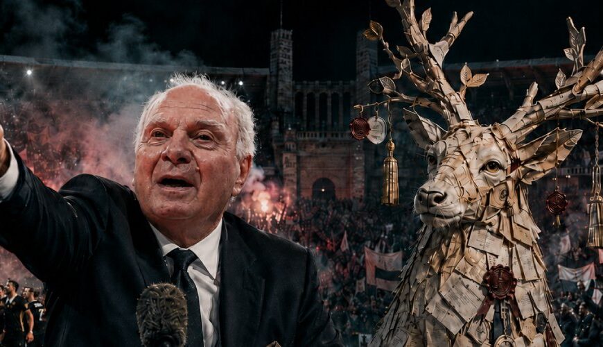 Satirische Fantasy-Szene in einem vernebelten Fußballstadion nach einem Pokalfinale, in Uli Hoeneß empört auf die Fans zeigt, während der DFB als unschuldiges Verwaltungswesen im Hintergrund erscheint.