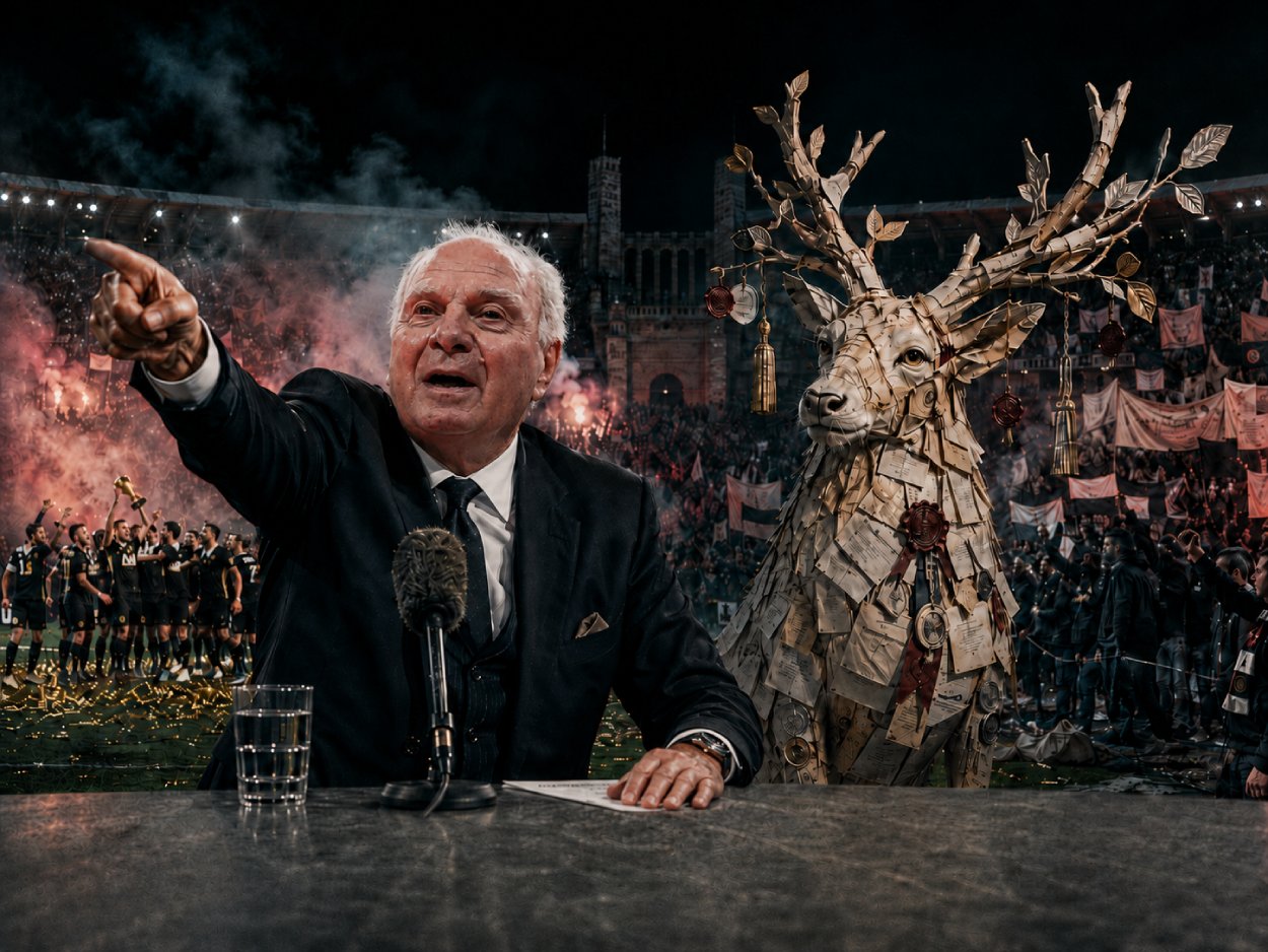 Satirische Fantasy-Szene in einem vernebelten Fußballstadion nach einem Pokalfinale, in Uli Hoeneß empört auf die Fans zeigt, während der DFB als unschuldiges Verwaltungswesen im Hintergrund erscheint.