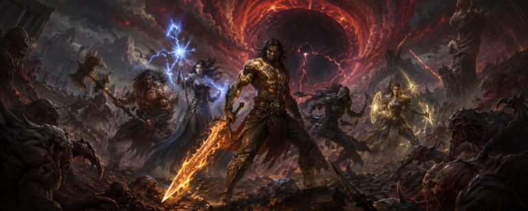 Ein mächtiger Dark-Fantasy-Krieger steht mit glühender Waffe vor einer zerstörten Welt, während göttliche Blutlinien, Monster und finstere Energie um ihn herum auflodern.