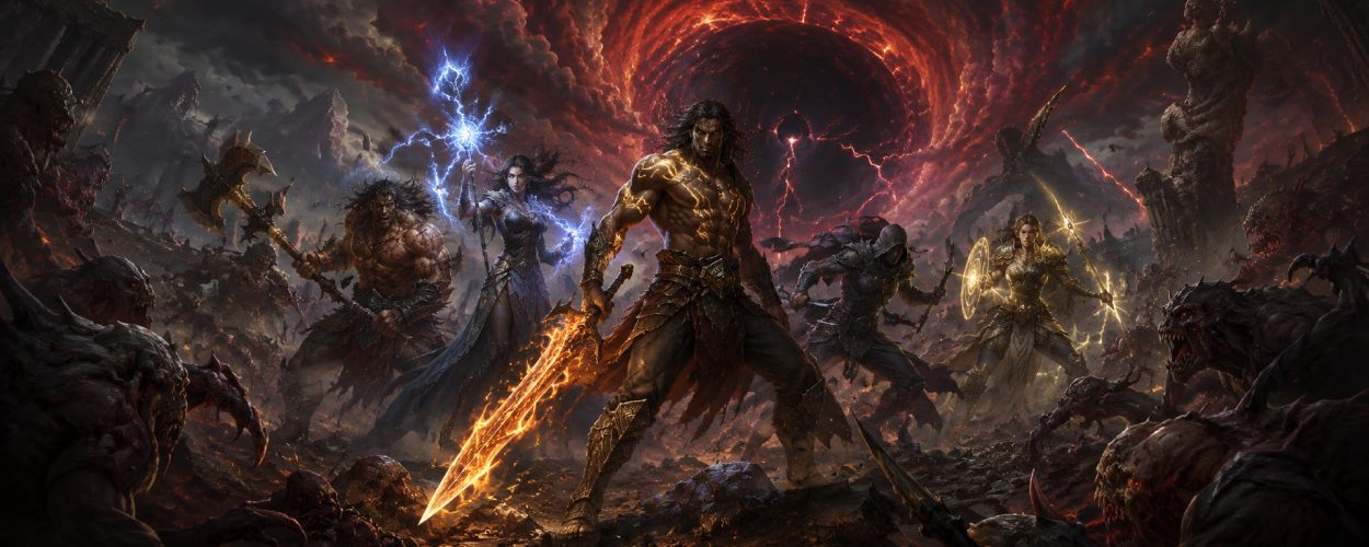 Ein mächtiger Dark-Fantasy-Krieger steht mit glühender Waffe vor einer zerstörten Welt, während göttliche Blutlinien, Monster und finstere Energie um ihn herum auflodern.