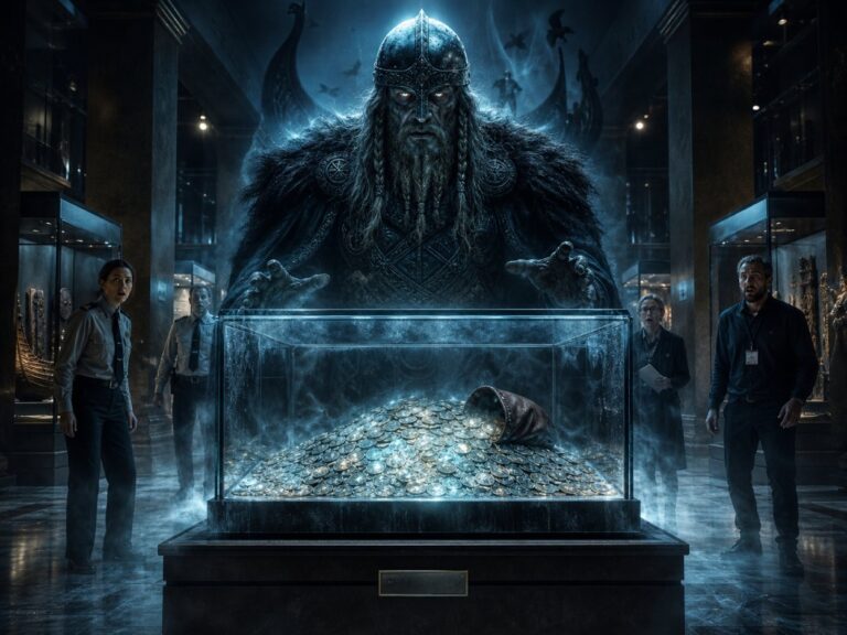 Dunkle Fantasy-Szene in einem Museum: Ein riesiger geisterhafter Wikingerfürst erhebt sich hinter einer Glasvitrine voller leuchtender Silbermünzen. Mehrere Museumsmitarbeiter stehen erschrocken daneben, während kalter Nebel und blaues Licht den verfluchten Schatz umgeben.