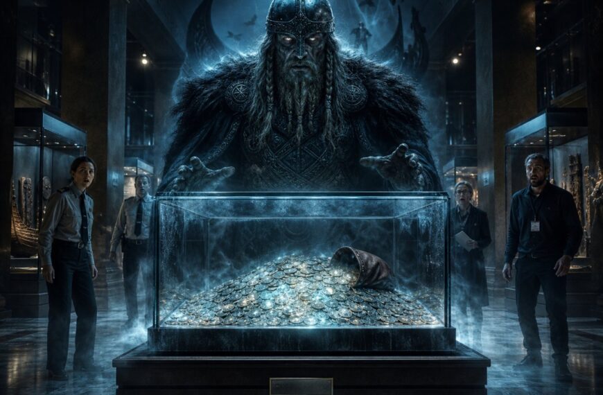 Dunkle Fantasy-Szene in einem Museum: Ein riesiger geisterhafter Wikingerfürst erhebt sich hinter einer Glasvitrine voller leuchtender Silbermünzen. Mehrere Museumsmitarbeiter stehen erschrocken daneben, während kalter Nebel und blaues Licht den verfluchten Schatz umgeben.