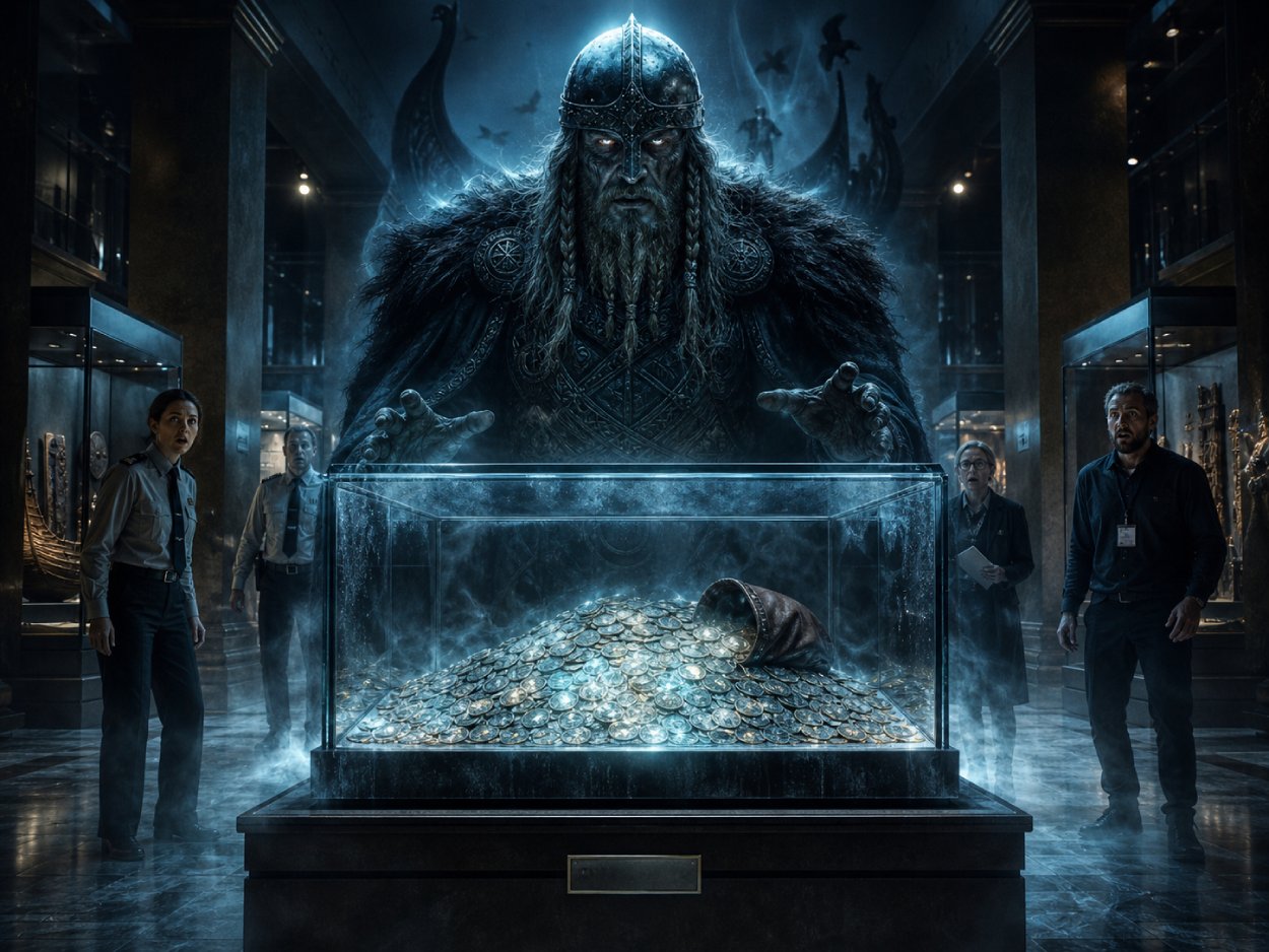 Dunkle Fantasy-Szene in einem Museum: Ein riesiger geisterhafter Wikingerfürst erhebt sich hinter einer Glasvitrine voller leuchtender Silbermünzen. Mehrere Museumsmitarbeiter stehen erschrocken daneben, während kalter Nebel und blaues Licht den verfluchten Schatz umgeben.