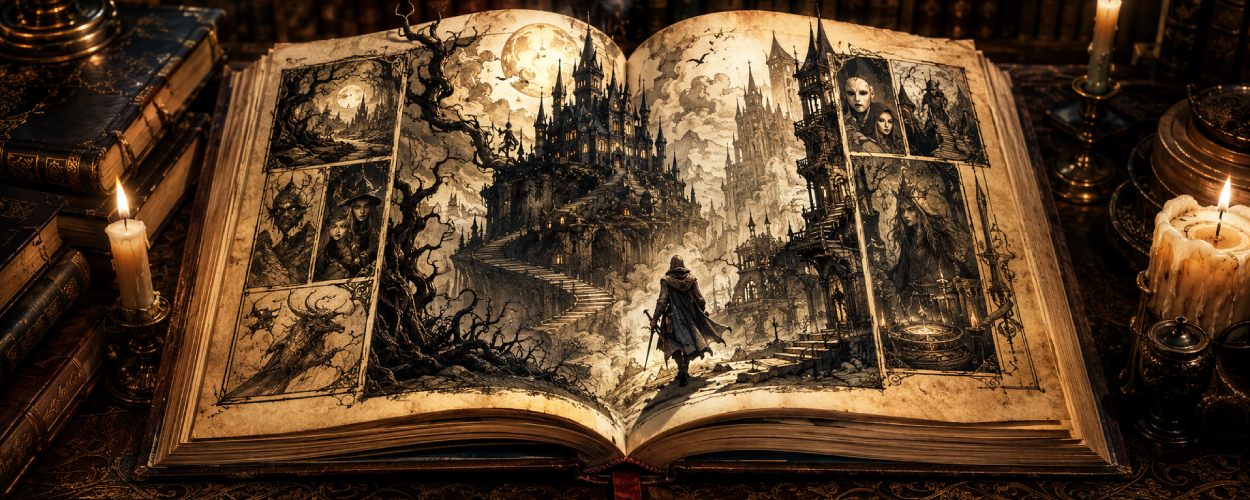 Ein altes magisches Buch liegt vor einem dunklen Hexenschloss, während handgezeichnete Fantasy-Szenen als Lichtbilder aus den Seiten steigen.