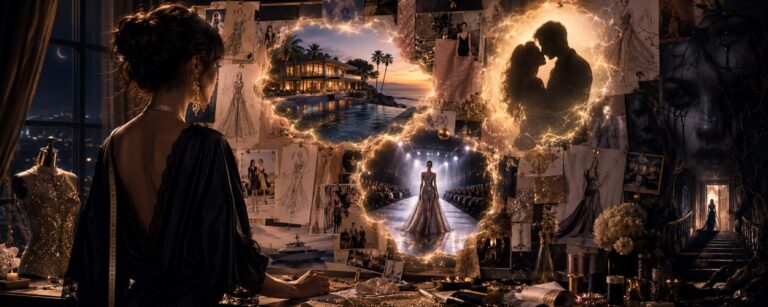 Eine Modedesignerin steht nachts vor einem magisch leuchtenden Vision Board, aus dem Bilder von Mode, Luxusvilla und Traumbeziehung lebendig werden.