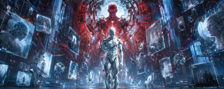 Eine bleiche synthetische Gestalt steht in einer leuchtenden digitalen Kathedrale, während hinter ihr ein roter robotischer Schatten aus zerbrochenen Erinnerungen auftaucht.