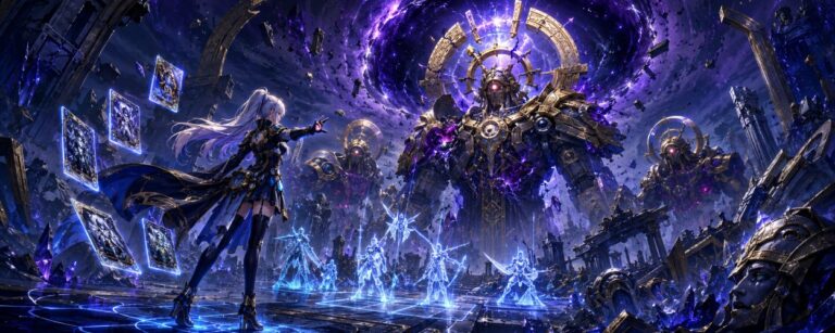 Eine Sci-Fantasy-Heldin steht vor göttlichen Maschinen und korrupten Robotern, während leuchtende Karten und kosmische Risse um sie schweben.