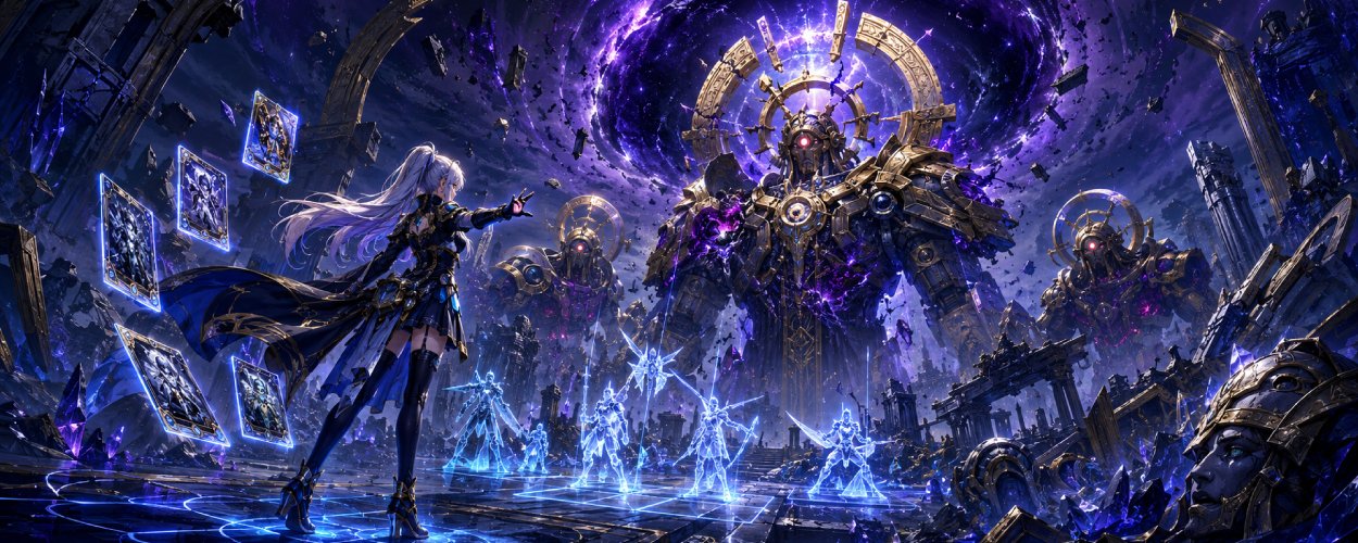 Eine Sci-Fantasy-Heldin steht vor göttlichen Maschinen und korrupten Robotern, während leuchtende Karten und kosmische Risse um sie schweben.