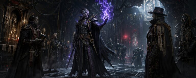 Ein eleganter außerirdischer Psyker mit langem Mantel steht in einer düsteren imperialen Kathedrale, während violette Energie um seine Hand flackert.