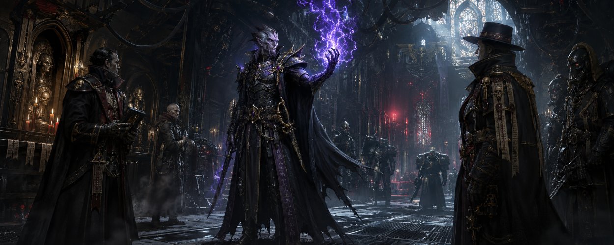 Ein eleganter außerirdischer Psyker mit langem Mantel steht in einer düsteren imperialen Kathedrale, während violette Energie um seine Hand flackert.