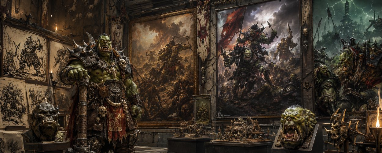 Ein massiger grüner Fantasy-Krieger mit Hauern steht in einer düsteren Galerie voller Schlachtgemälde, Keulen und Tabletop-Miniaturen.