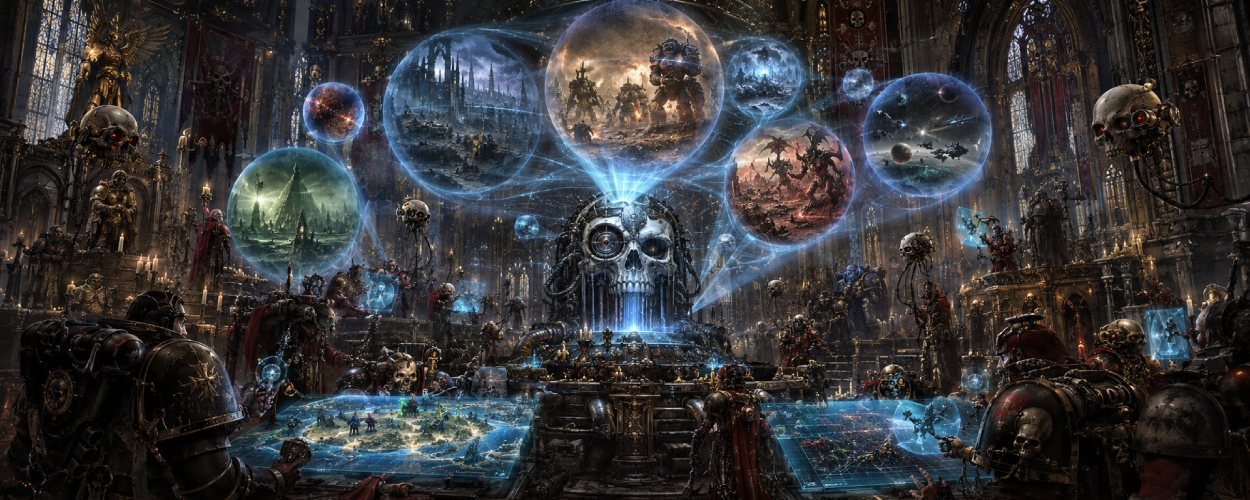 Eine düstere Sci-Fi-Kathedrale voller Hologramme, Schädelmaschinen, Rüstungen, Tech-Priestern und Kriegskarten zeigt neue Warhammer-Spielwelten.