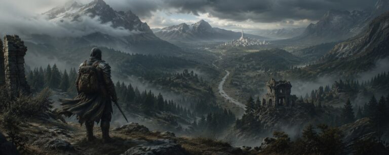 Ein bewaffneter Wanderer blickt über eine weite Fantasy-Landschaft mit alten Ruinen, Wäldern, Bergen und einer fernen weißen Stadt.