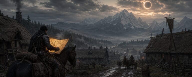 Ein mittelalterlicher Reiter steht auf einem schlammigen Weg vor einem Dorf, während in der Ferne neblige Berge und ein ringförmiger Schatten am Himmel ein mögliches Fantasy-Abenteuer andeuten.
