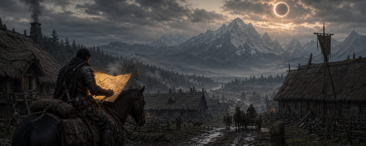 Ein mittelalterlicher Reiter steht auf einem schlammigen Weg vor einem Dorf, während in der Ferne neblige Berge und ein ringförmiger Schatten am Himmel ein mögliches Fantasy-Abenteuer andeuten.