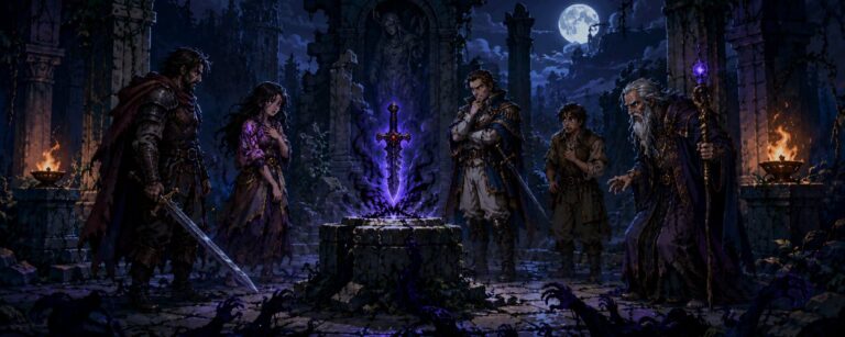Eine fünfköpfige Fantasy-Gruppe steht vor einem verfluchten Dolch, der über einem zerbrochenen Altar in einer mondbeschienenen Ruine schwebt.
