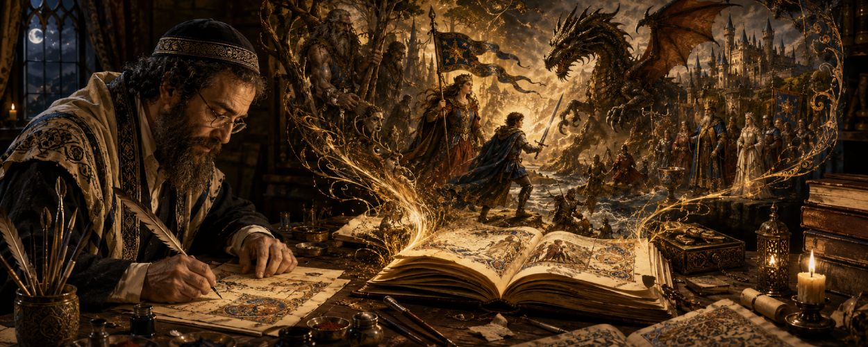 Ein mittelalterlicher Schreiber verfasst bei Kerzenlicht einen jiddischen Ritterroman, aus dessen Seiten Ritter, Drache, Prinzessin und Artushof als leuchtende Miniaturen aufsteigen.