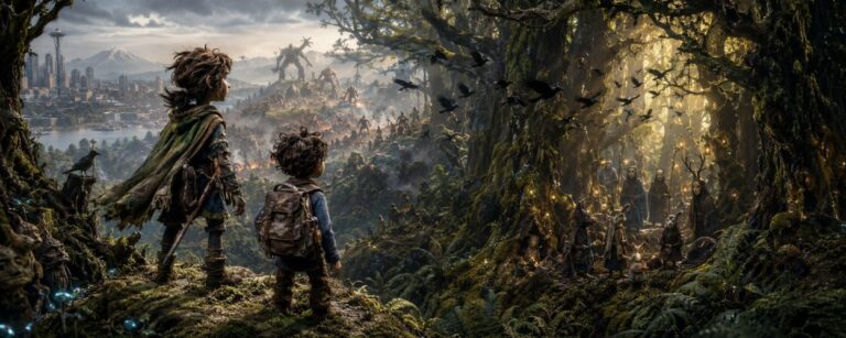 Eine junge Heldin steht mit einem Jungen vor einem magischen Wald, während schwarze Krähen zwischen moosbedeckten Bäumen verschwinden.