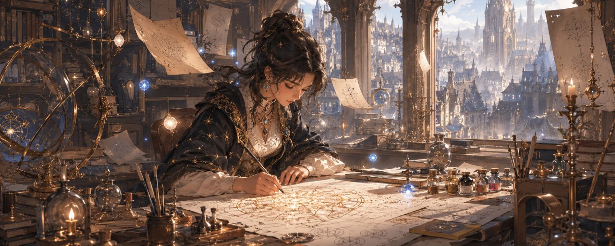 Eine junge Hexenschülerin zeichnet in einem alten Atelier einen leuchtenden Magiekreis, während Pergamente, Kerzen und Zauberwerkzeuge um sie schweben.