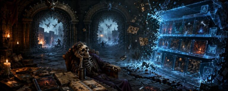 Ein düsterer Retro-Fantasy-Dungeon verschwindet im Nebel, während zwei alte Portale aus Stein langsam zufallen und digitale Store-Fragmente zerbrechen.