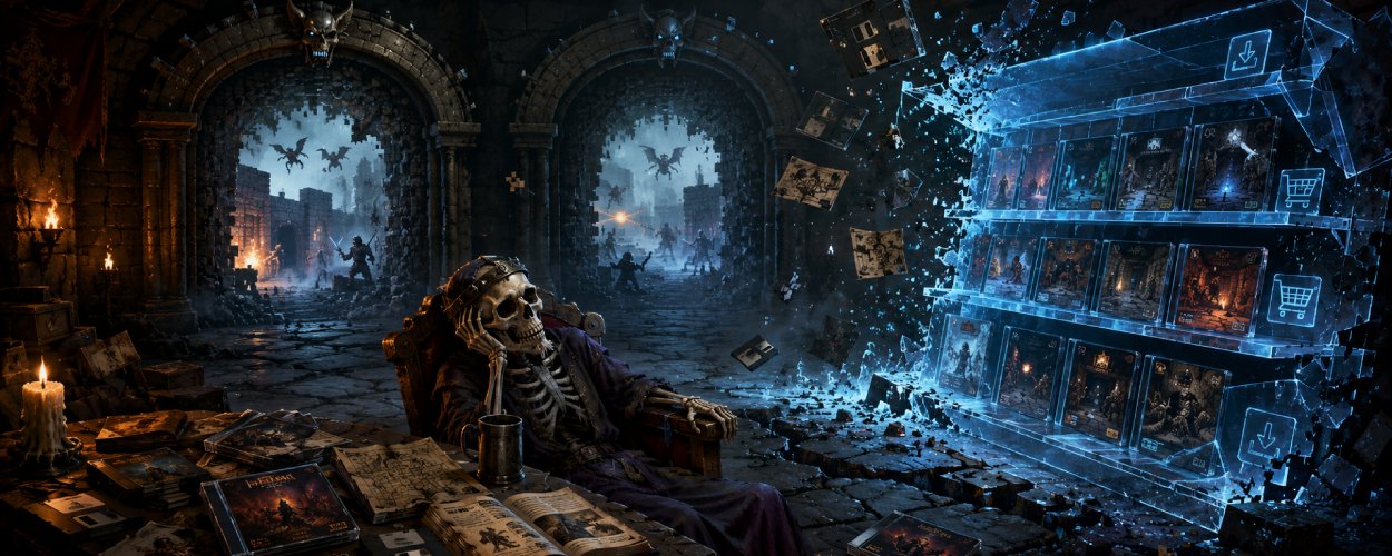 Ein düsterer Retro-Fantasy-Dungeon verschwindet im Nebel, während zwei alte Portale aus Stein langsam zufallen und digitale Store-Fragmente zerbrechen.