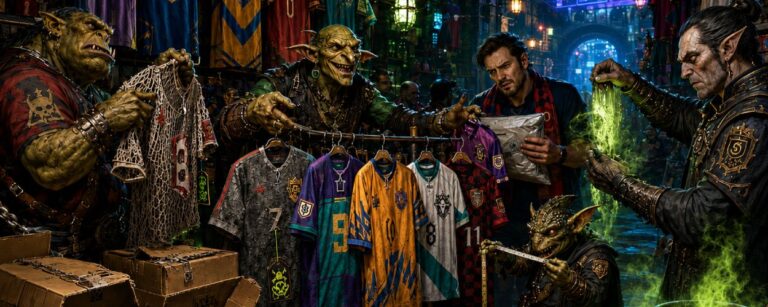 Düsterer Fantasy-Schwarzmarkt in den Zwischenreichen: Orks, Goblins und ein strenger Prüfer handeln mit gefälschten Fußballtrikots erfundener Nationen. Zwischen leuchtenden Giftfasern, magischen Versandkartons, schiefen Wappen und fragwürdigen Stoffresten hängen bunte Fake-Trikots in einem unterirdischen Basar.