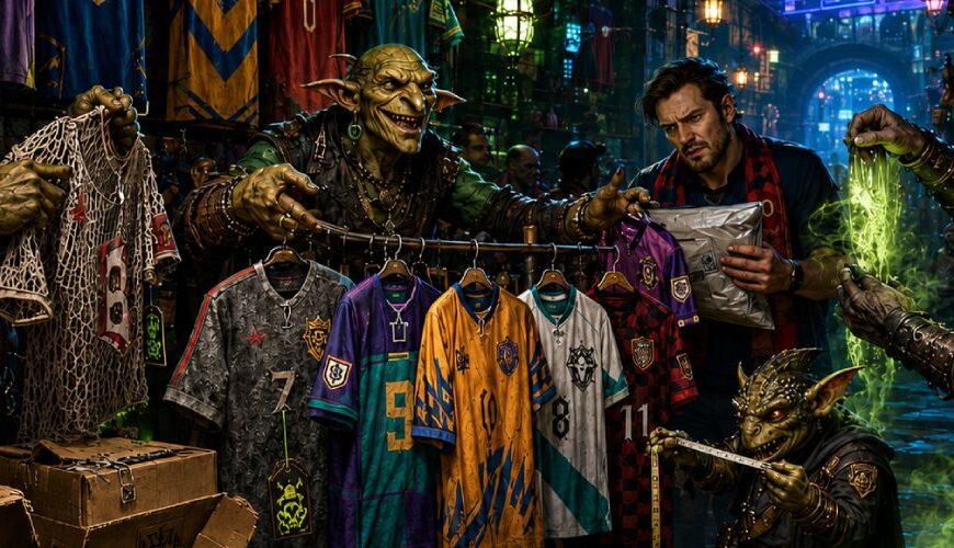 Düsterer Fantasy-Schwarzmarkt in den Zwischenreichen: Orks, Goblins und ein strenger Prüfer handeln mit gefälschten Fußballtrikots erfundener Nationen. Zwischen leuchtenden Giftfasern, magischen Versandkartons, schiefen Wappen und fragwürdigen Stoffresten hängen bunte Fake-Trikots in einem unterirdischen Basar.