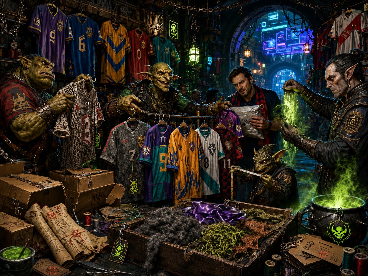 Düsterer Fantasy-Schwarzmarkt in den Zwischenreichen: Orks, Goblins und ein strenger Prüfer handeln mit gefälschten Fußballtrikots erfundener Nationen. Zwischen leuchtenden Giftfasern, magischen Versandkartons, schiefen Wappen und fragwürdigen Stoffresten hängen bunte Fake-Trikots in einem unterirdischen Basar.