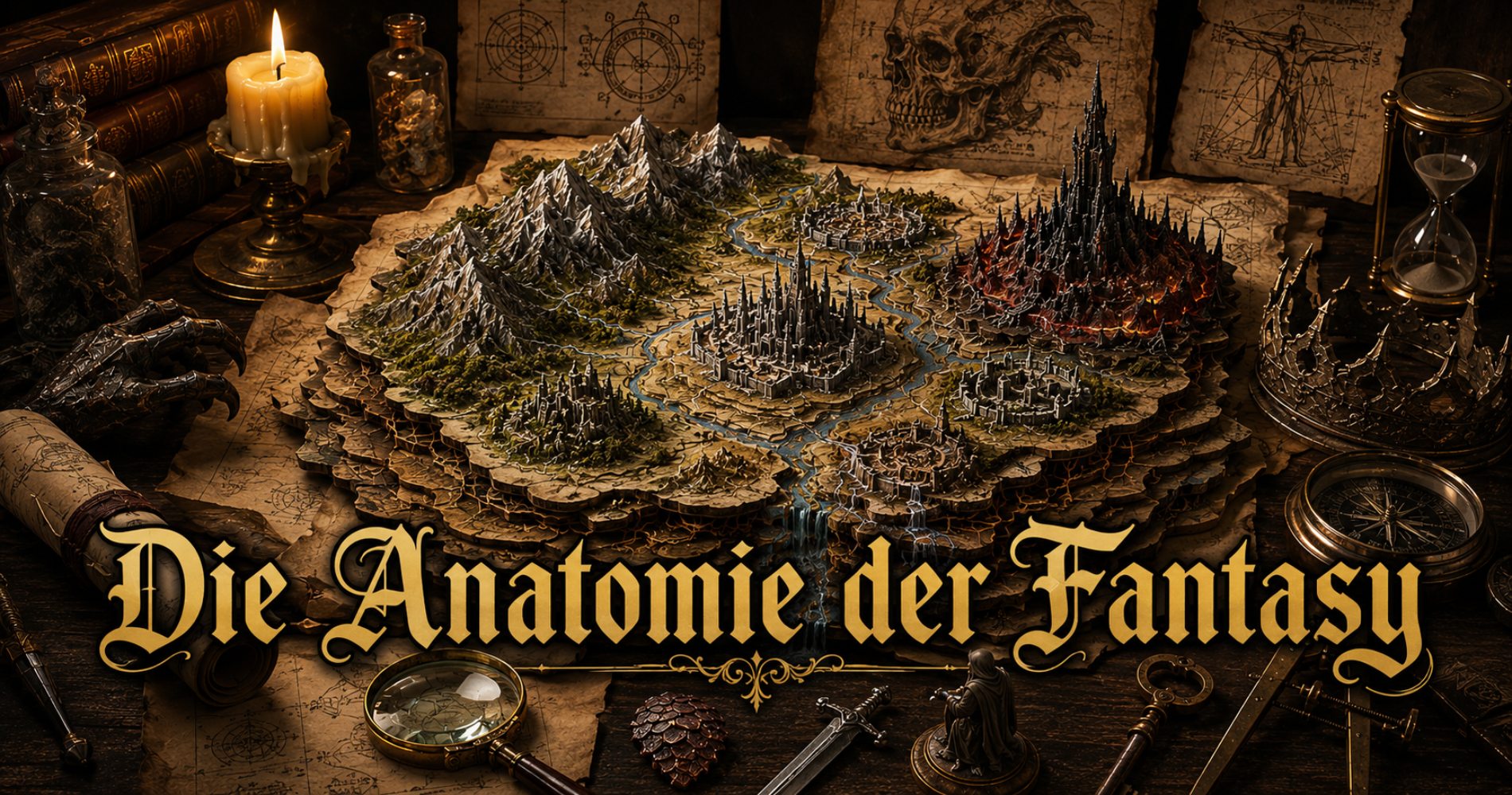Ein blasser Fantasyheld liegt auf einem magischen Untersuchungstisch, während ein Arzt und eine Schwester in einer fantastischen Figurenklinik seine Charakterakte prüfen.