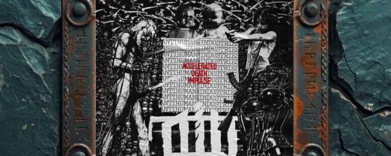 Albumcover von AntiHuman Industries – Accelerated Death Impulse: Schwarzweißes Industrial-Black-Metal-Artwork mit verzerrten menschlichen Figuren, technischen und organischen Fragmenten, mehrfach wiederholtem AntiHuman Industries-Schriftzug, roten Störworten wie Model Error und Madness sowie großem A.H.I.-Logo im unteren Bereich. Das Bild wirkt roh, kollagiert, kalt und menschenfeindlich.