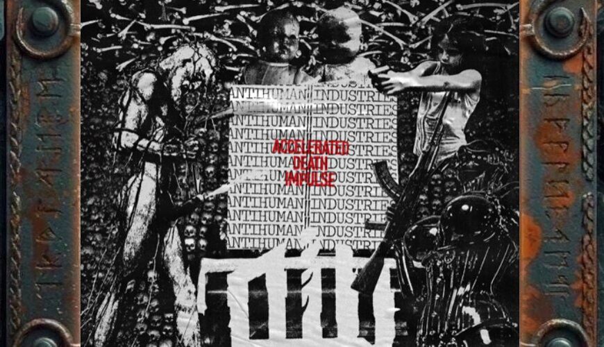 Albumcover von AntiHuman Industries – Accelerated Death Impulse: Schwarzweißes Industrial-Black-Metal-Artwork mit verzerrten menschlichen Figuren, technischen und organischen Fragmenten, mehrfach wiederholtem AntiHuman Industries-Schriftzug, roten Störworten wie Model Error und Madness sowie großem A.H.I.-Logo im unteren Bereich. Das Bild wirkt roh, kollagiert, kalt und menschenfeindlich.