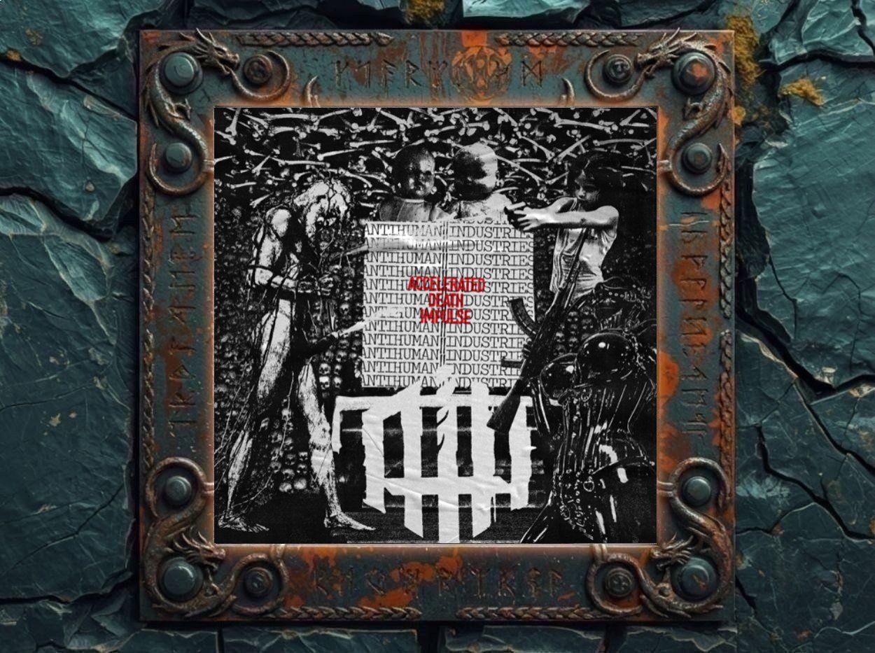 Albumcover von AntiHuman Industries – Accelerated Death Impulse: Schwarzweißes Industrial-Black-Metal-Artwork mit verzerrten menschlichen Figuren, technischen und organischen Fragmenten, mehrfach wiederholtem AntiHuman Industries-Schriftzug, roten Störworten wie Model Error und Madness sowie großem A.H.I.-Logo im unteren Bereich. Das Bild wirkt roh, kollagiert, kalt und menschenfeindlich.