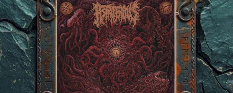 Albumcover von Astriferous – Atavistic Unraveling: Extrem detailreiches Death-Metal-Artwork in dunklen Rot-, Braun- und Schwarztönen. Zu sehen ist ein dichtes Gewirr aus Tentakeln, Augen, Schädeln, gezahnten Mäulern, wurmartigen Körpern und okkulten Symbolscheiben. Oben steht das Bandlogo, unten der Albumtitel.