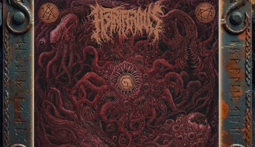 Albumcover von Astriferous – Atavistic Unraveling: Extrem detailreiches Death-Metal-Artwork in dunklen Rot-, Braun- und Schwarztönen. Zu sehen ist ein dichtes Gewirr aus Tentakeln, Augen, Schädeln, gezahnten Mäulern, wurmartigen Körpern und okkulten Symbolscheiben. Oben steht das Bandlogo, unten der Albumtitel.