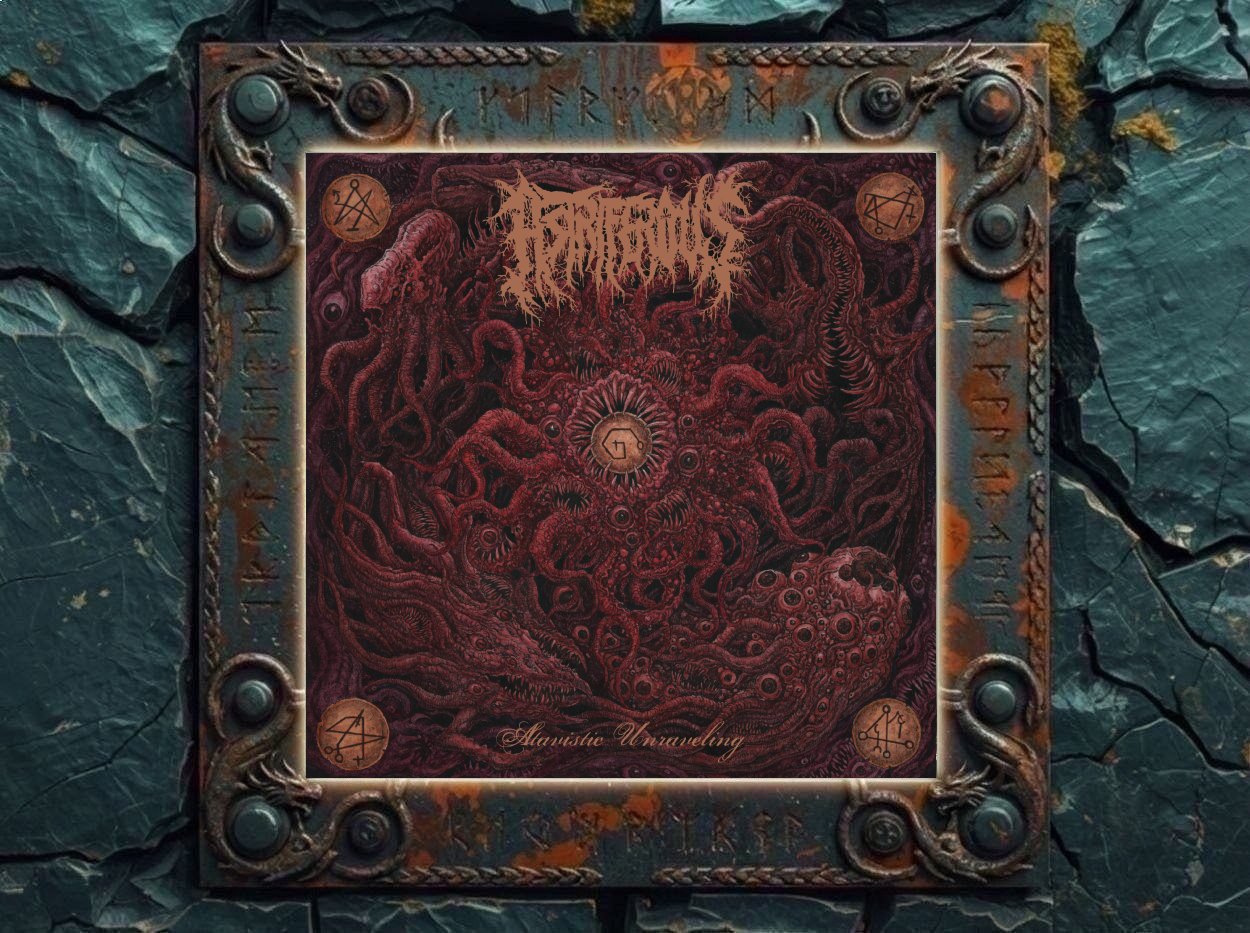 Albumcover von Astriferous – Atavistic Unraveling: Extrem detailreiches Death-Metal-Artwork in dunklen Rot-, Braun- und Schwarztönen. Zu sehen ist ein dichtes Gewirr aus Tentakeln, Augen, Schädeln, gezahnten Mäulern, wurmartigen Körpern und okkulten Symbolscheiben. Oben steht das Bandlogo, unten der Albumtitel.
