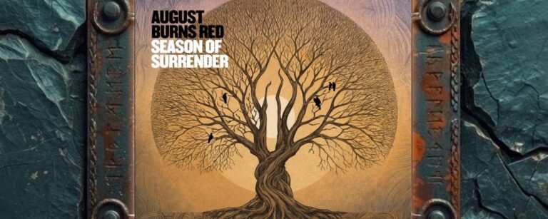 Albumcover von August Burns Red – Season Of Surrender: Warm getöntes Artwork mit einem großen, kahlen Baum vor einem kreisförmigen hellen Hintergrund. In den Ästen sitzen mehrere schwarze Vögel, die Wurzeln greifen tief in einen ornamental gezeichneten Boden. Links oben stehen Bandname und Albumtitel in großer Blockschrift.