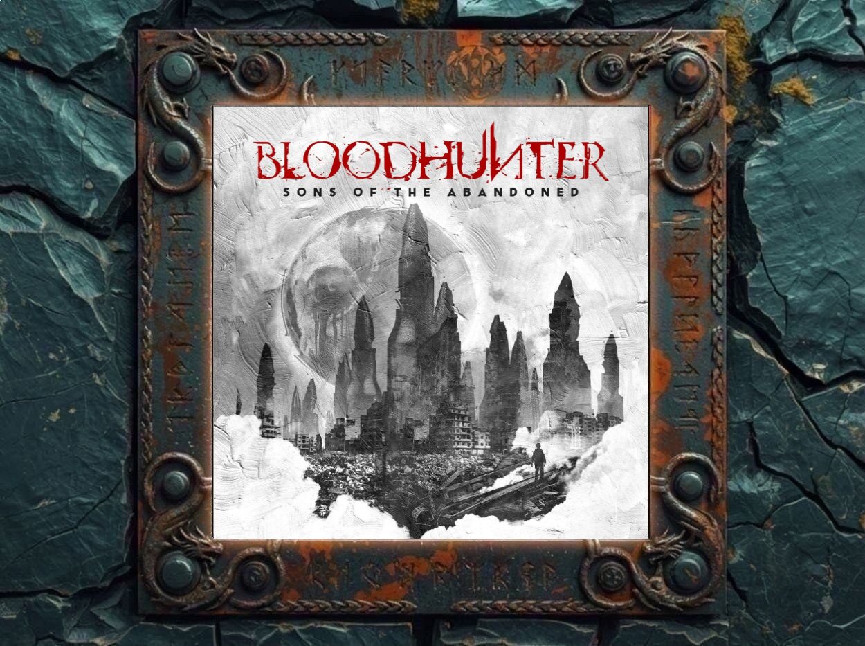 Albumcover Bloodhunter – Sons of the Abandoned: Grauweiße zerstörte Stadtlandschaft mit dunklen Hochhausruinen, Schutt, Rauch, einzelner Gestalt im Vordergrund, schemenhaftem Totenschädel links und rotem Bloodhunter-Logo oben.