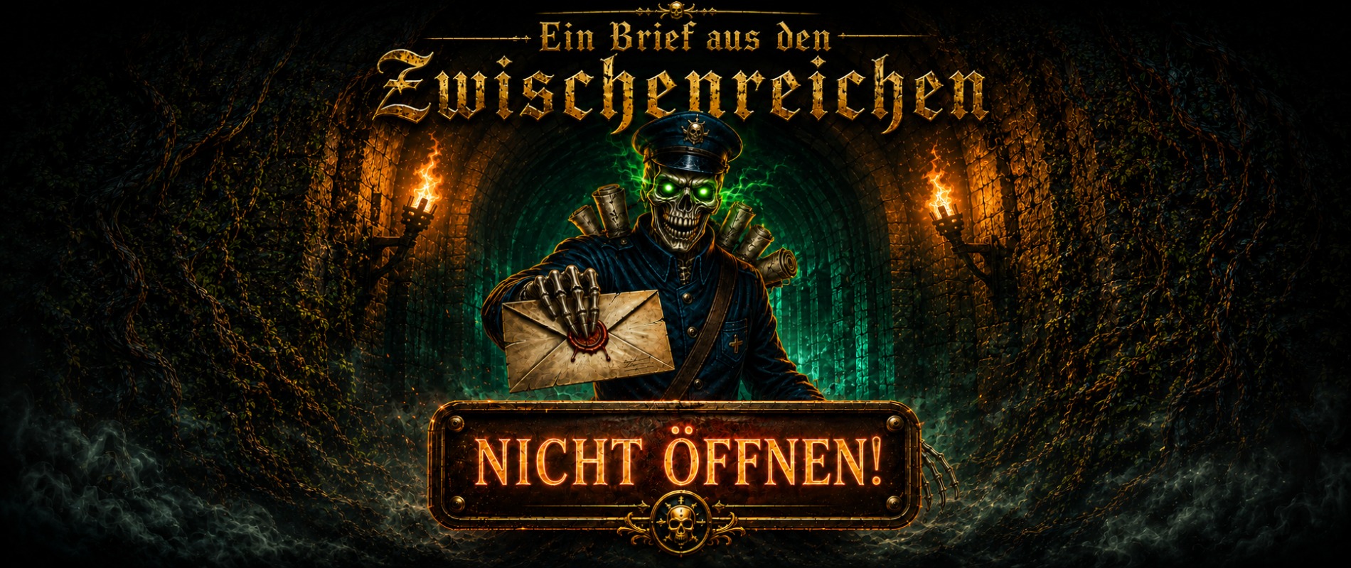Banner für die Rubrik Briefe aus den Zwischenreichen mit Postboten als Skelett