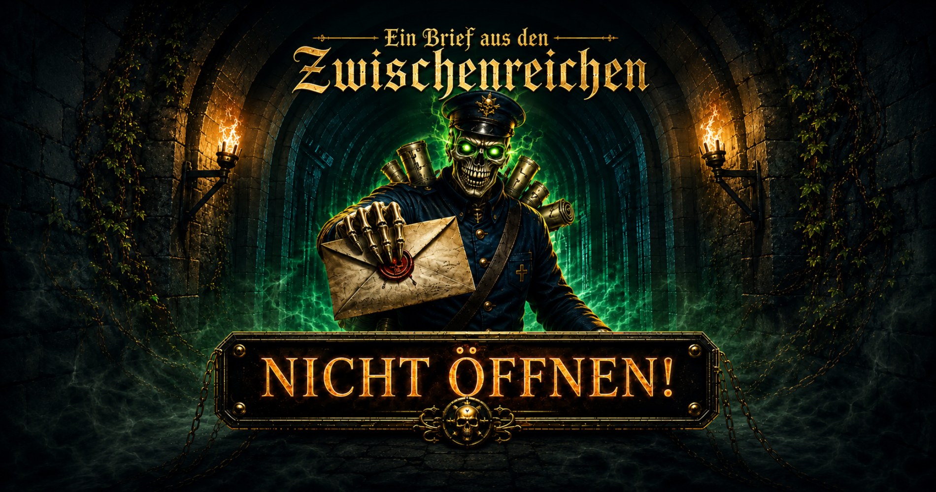 Banner für die Rubrik Briefe aus den Zwischenreichen mit Postboten als Skelett