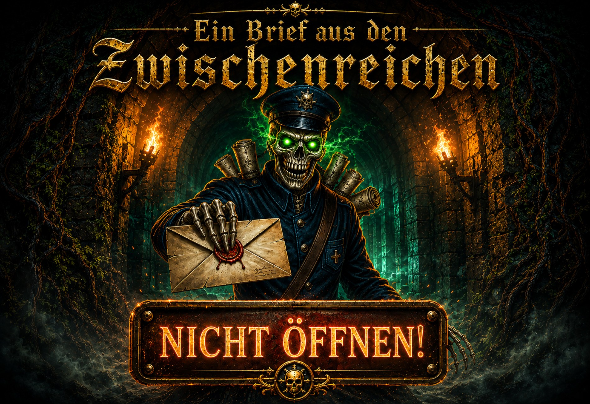 Untoter Briefträger reicht dem Betrachter einen versiegelten Brief entgegen, umgeben von Nebel und Fackeln – Fantasy-Werbebanner für die Rubrik „Briefe aus dem Zwischenreich“ auf fantasykosmos.de.