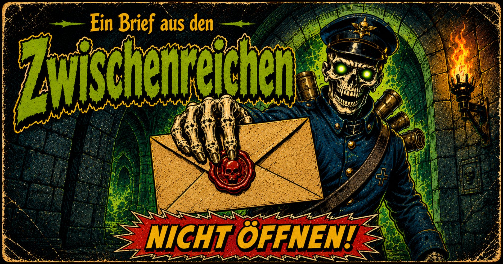 Banner für die Rubrik Briefe aus den Zwischenreichen mit Postboten als Skelett