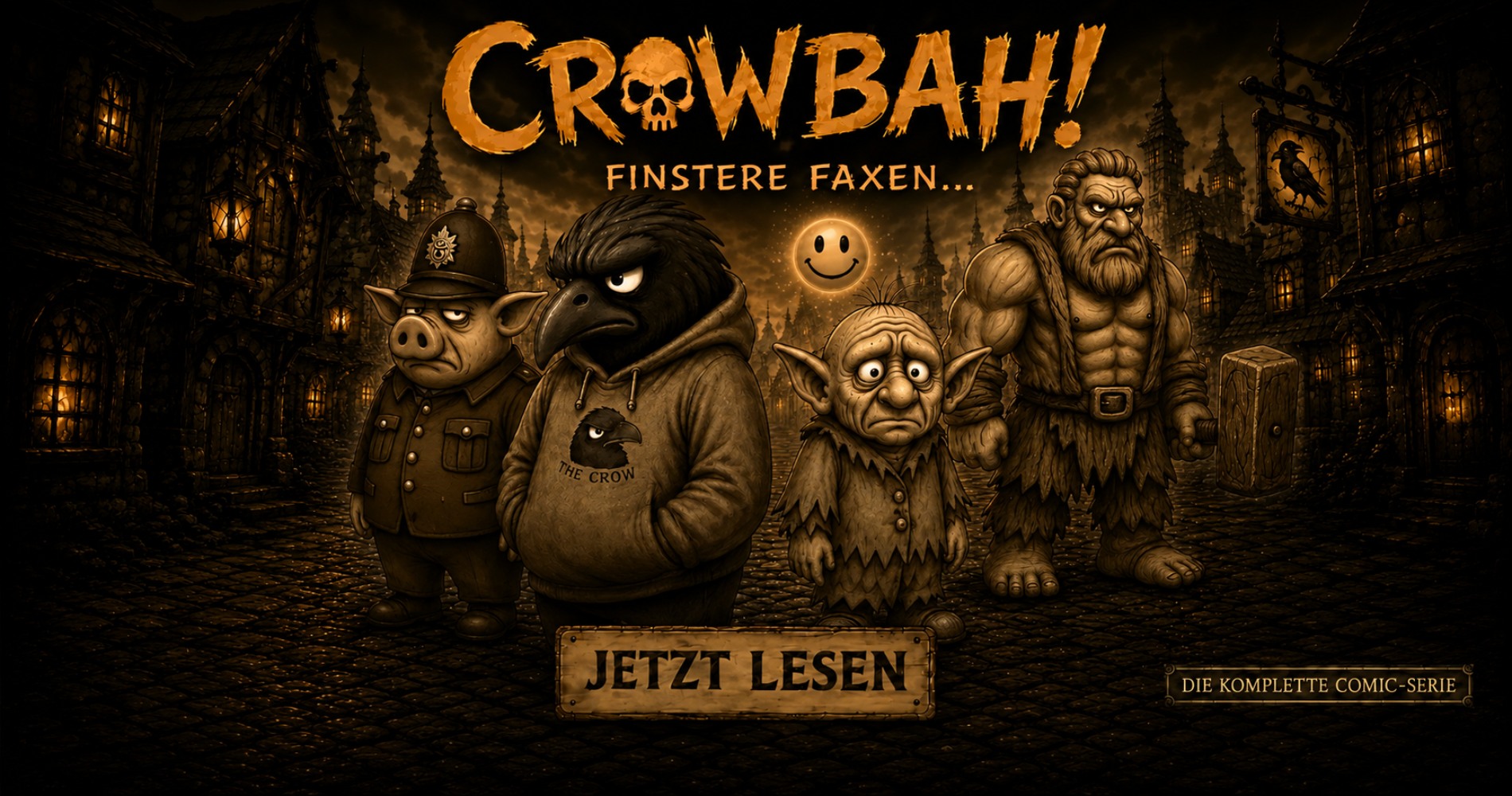 Schmaler Crowbah Banner mit Crowbah und Grabhold vor dunkler Comic Stadt.