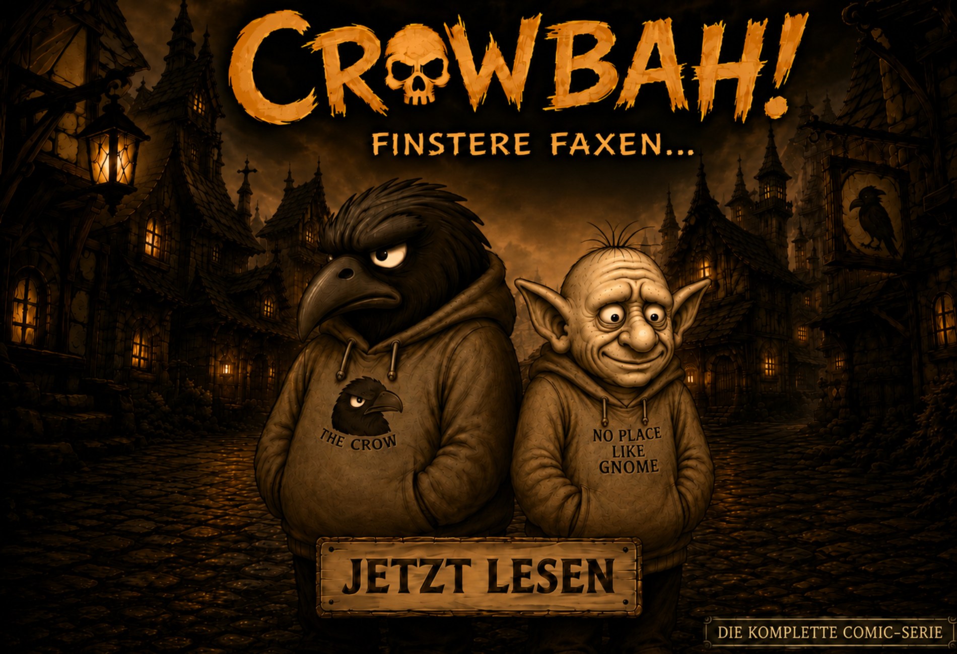 Schmaler Crowbah Banner mit Crowbah und Grabhold vor dunkler Comic Stadt.