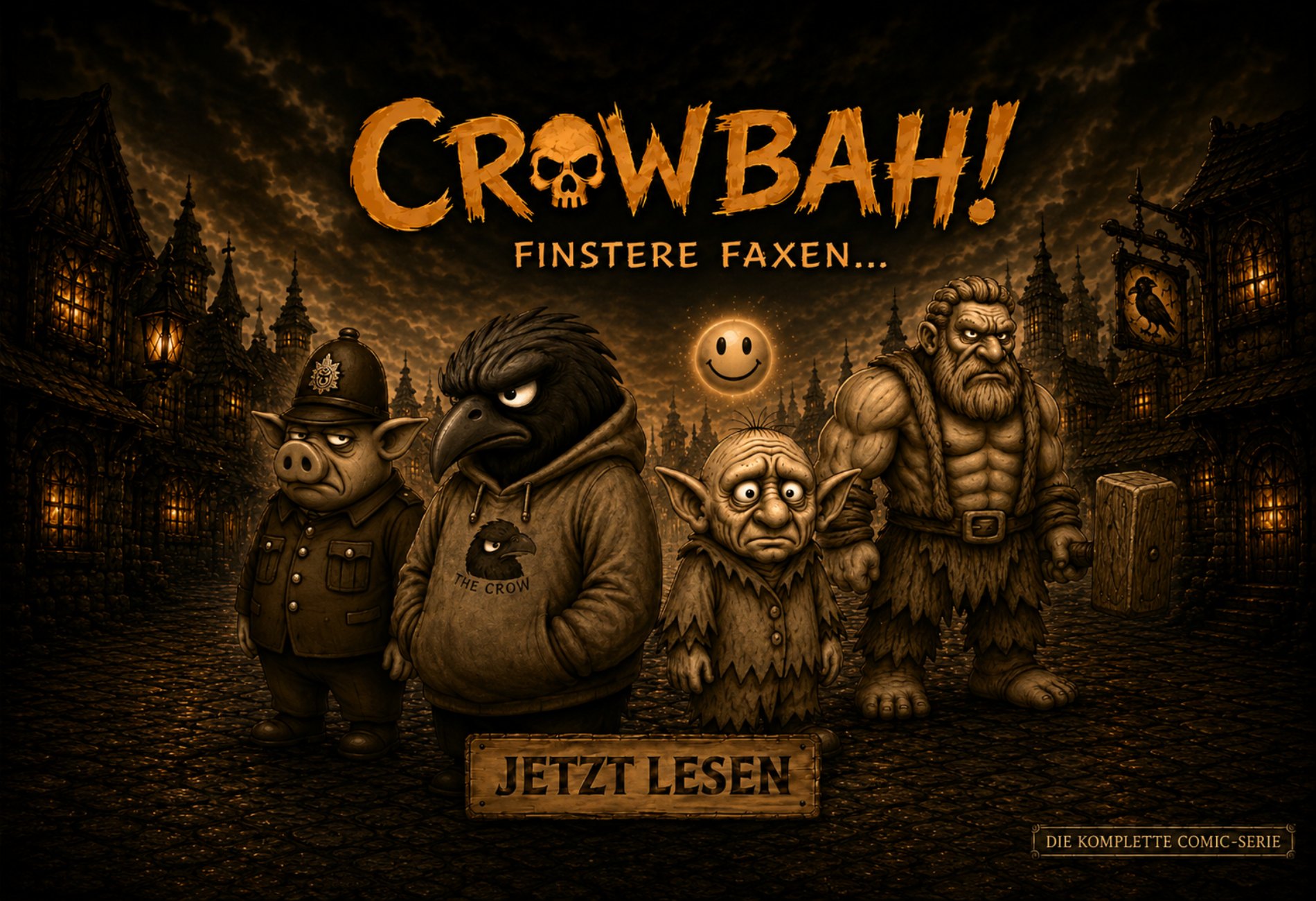 Schmaler Crowbah Banner mit Crowbah und Grabhold vor dunkler Comic Stadt.