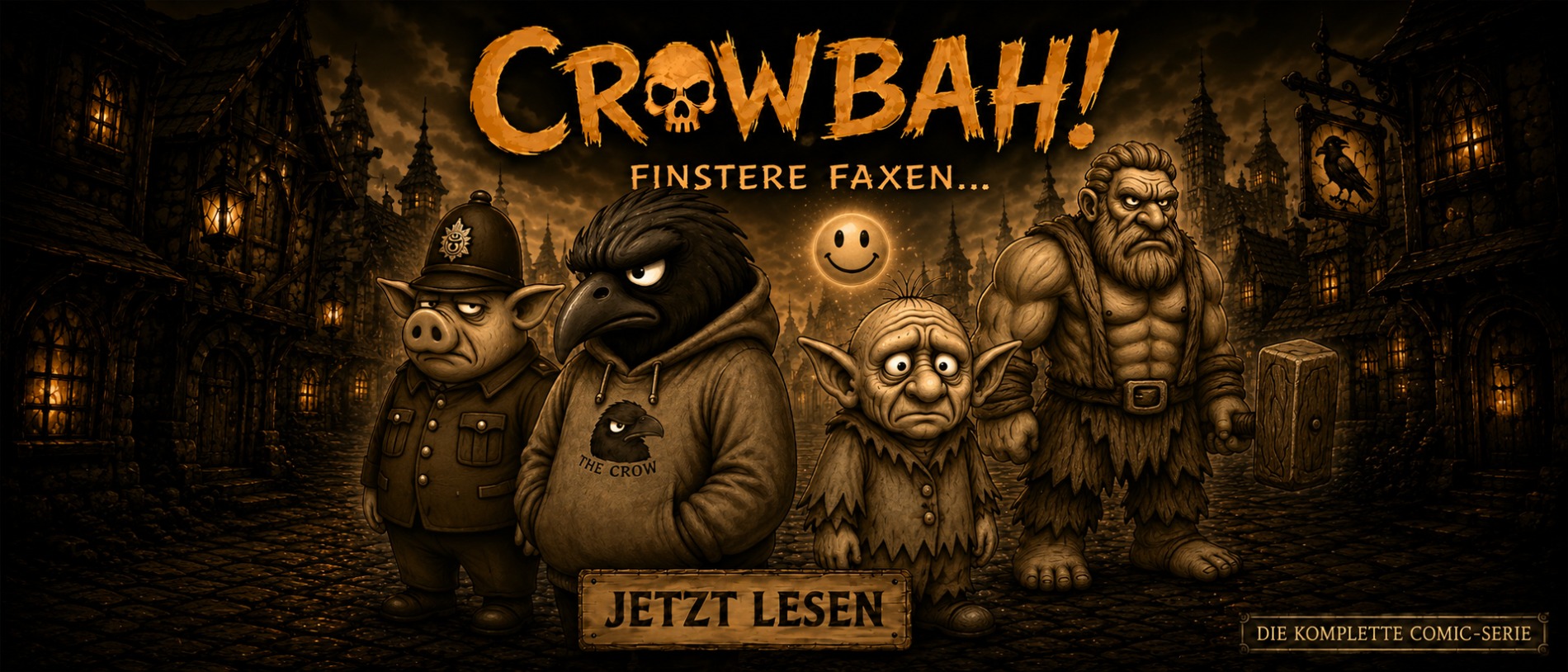 Schmaler Crowbah Banner mit Crowbah und Grabhold vor dunkler Comic Stadt.