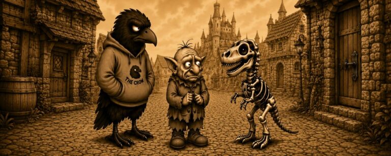 Zweiteiliger Crowbah-Comic auf schwarzem Hintergrund mit Logo „CROWBAH! – Finstere Faxen…“ und Titel „Heute: Spitzenpredatoren“. In beiden sepiafarbenen Panels stehen Crowbah, eine mürrische humanoide Krähe im Hoodie, Grabhold, sein kleiner trollartiger Begleiter, und ein untoter Mikro-T-Rex in einer mittelalterlichen Gasse. Im ersten Panel erklärt Crowbah, dass dieser untote Mikro-T-Rex einst einer der grausamsten Jäger der Dunkelkreide gewesen sei, während Grabhold ihn wenig beeindruckend findet. Der Mikro-T-Rex denkt daran, dass sie früher Streifen geschnitten hätten. Im zweiten Panel sagt Crowbah, dass solche Wesen heute sogar Hilfe beim Öffnen von Türen brauchen. Grabhold nennt ihn ehrfürchtig einen Frombarkeiten, während der Mikro-T-Rex vor einer Tür steht und sich darüber beklagt, dass die Klinke so weit weg sei.