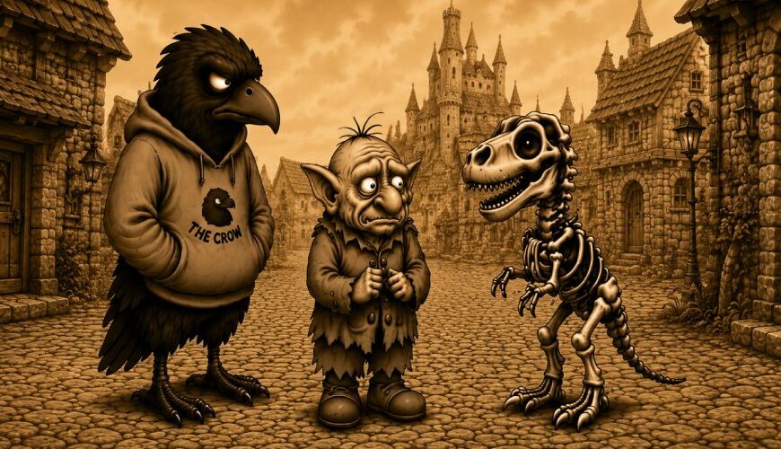 Zweiteiliger Crowbah-Comic auf schwarzem Hintergrund mit Logo „CROWBAH! – Finstere Faxen…“ und Titel „Heute: Spitzenpredatoren“. In beiden sepiafarbenen Panels stehen Crowbah, eine mürrische humanoide Krähe im Hoodie, Grabhold, sein kleiner trollartiger Begleiter, und ein untoter Mikro-T-Rex in einer mittelalterlichen Gasse. Im ersten Panel erklärt Crowbah, dass dieser untote Mikro-T-Rex einst einer der grausamsten Jäger der Dunkelkreide gewesen sei, während Grabhold ihn wenig beeindruckend findet. Der Mikro-T-Rex denkt daran, dass sie früher Streifen geschnitten hätten. Im zweiten Panel sagt Crowbah, dass solche Wesen heute sogar Hilfe beim Öffnen von Türen brauchen. Grabhold nennt ihn ehrfürchtig einen Frombarkeiten, während der Mikro-T-Rex vor einer Tür steht und sich darüber beklagt, dass die Klinke so weit weg sei.