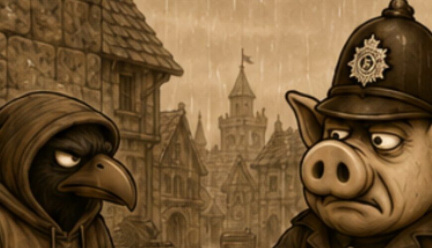 Crowbah, eine mürrische humanoide Krähe im Hoodie, und ein uniformierter schweinegesichtiger Ordnungshüter auf einer verregneten mittelalterlichen Straße.